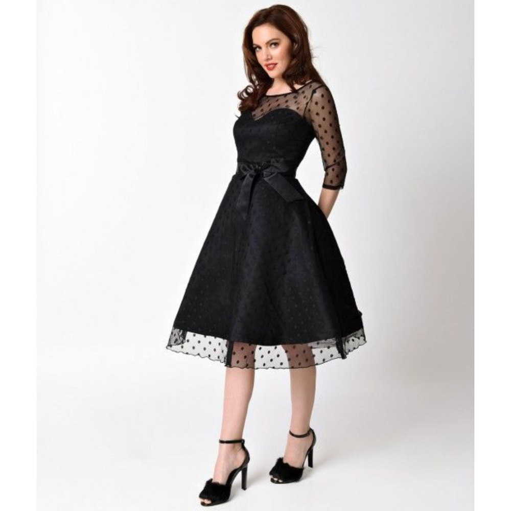 EUC LINDY BOP Sz 12 Black Polka Dot Fit Flare Retro 50s Housewife Dress